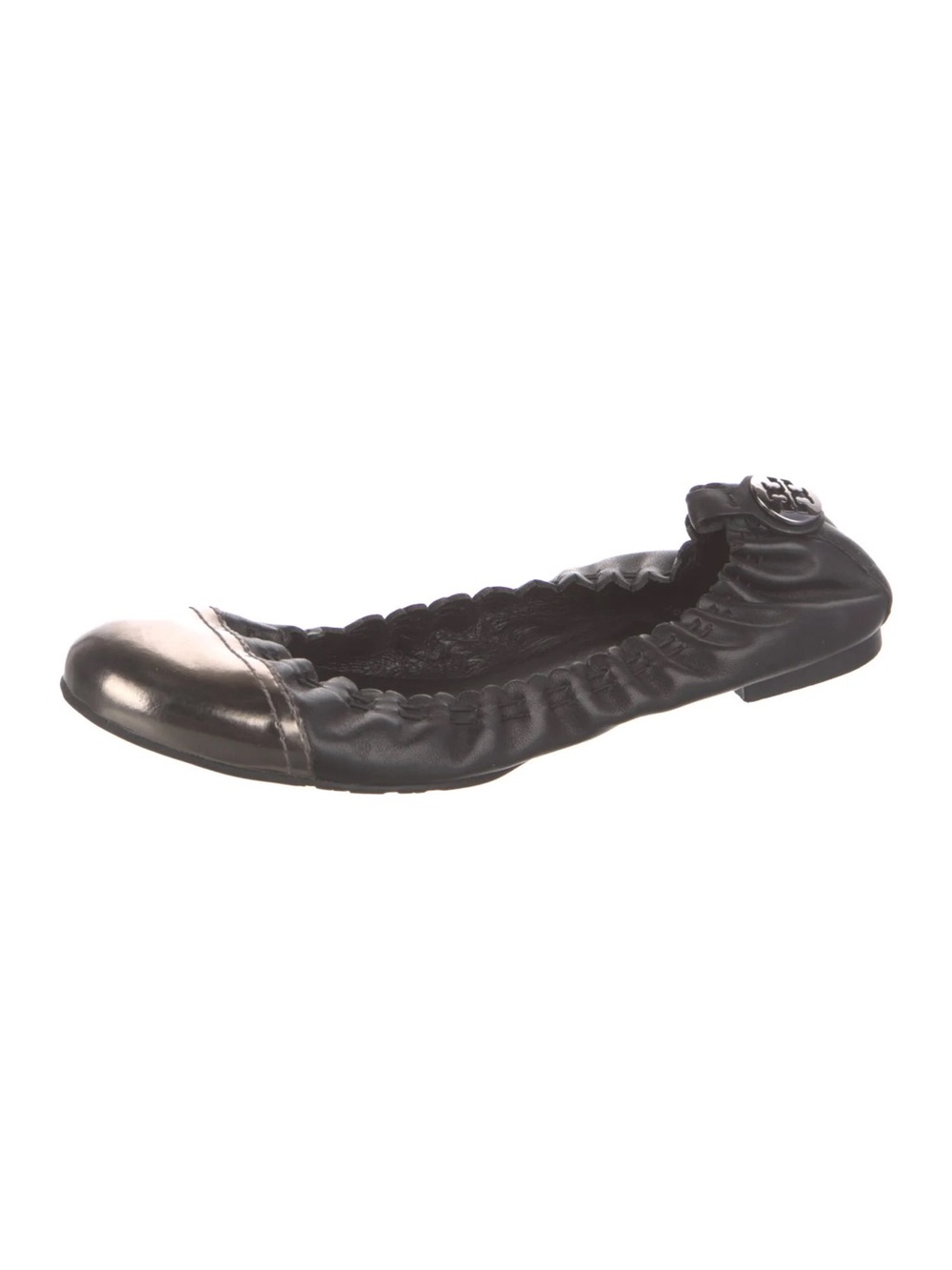 Tory Burch Abbey Black Leather Metallic Cap Toe ballet flats Size 7.5 MSRP $225